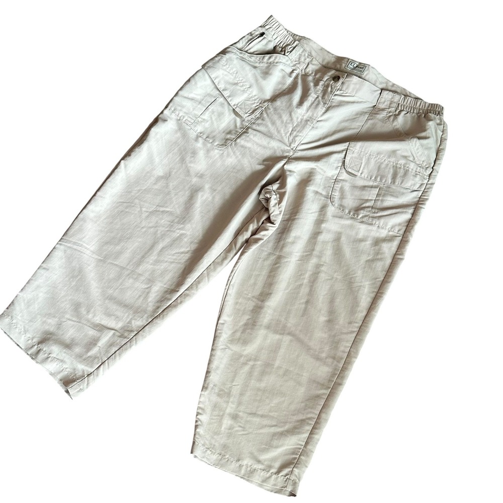 L.L.Bean Pants Vintage Women's XL Beige Nylon Cropped Cargo Pants Elastic Waist